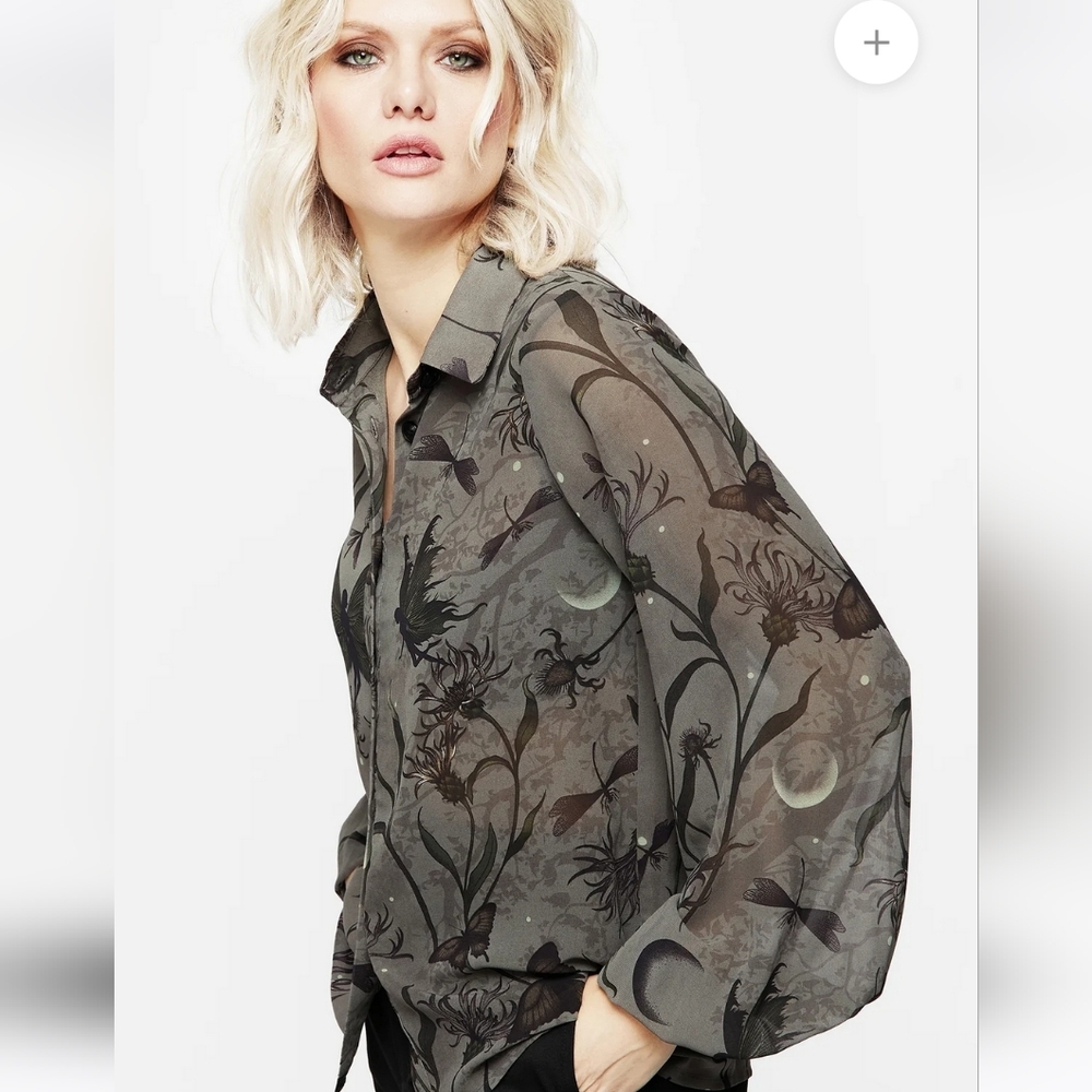 NWT Disturbia Gloriana Grey Chiffon Blouse Fairies Moon Thistle Size 18